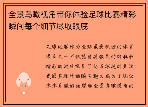 全景鸟瞰视角带你体验足球比赛精彩瞬间每个细节尽收眼底